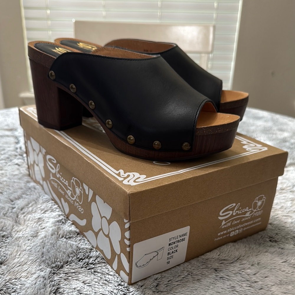 Sbicca Black Mules with Wooden Heel